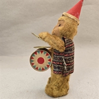 lysebrun-abe-ternet-trøje-metaltromme-mekanisk-nøgleoptræk-gammelt-legetøj